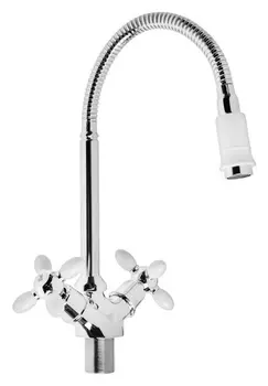 Смеситель для кухни Zein Zc2033, гибкий излив, кран-букса латунь 1/2", белый/хром