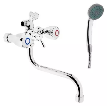 Смеситель для ванны Zein Z90350154, кран-букса латунь 1/2", душевая лейка и шланг, хром