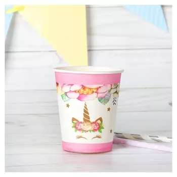 Стакан бумажный «Единорог и цветы», набор 6 шт., 220 мл, цвет розовый