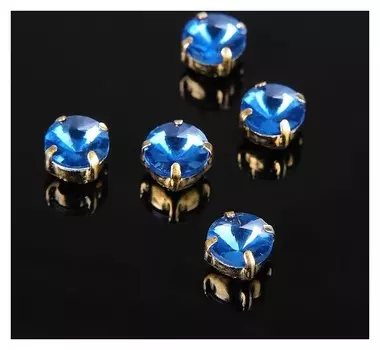 Стразы в цапах (набор 5 шт), 6*6мм, цвет голубой в золоте