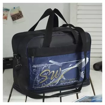 Сумка дорожная, ручная кладь, отдел на молнии, с увеличением, наружный карман, длинный ремень, цвет чёрный/синий