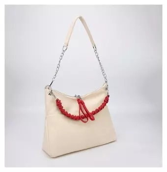 Сумка-мешок, отдел на молнии, 3 наружных кармана, длинный ремень, цвет бежевый/красный