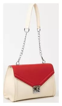 Сумка-мессенджер, отдел на клапане, наружный карман, длинный ремень, цвет бежевый/красный