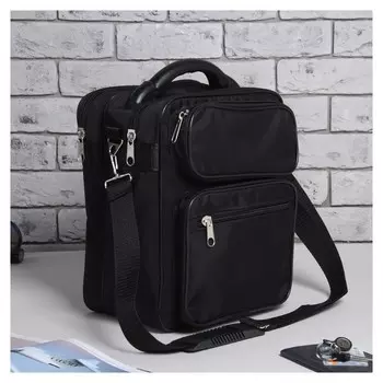 Сумка мужская с двумя отделами на молниях, 2 наружных кармана, длинный ремень, цвет чёрный