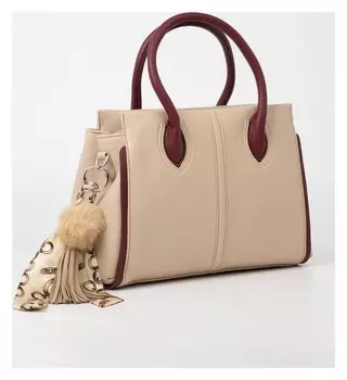 Сумка-тоут, отдел на молнии, наружный карман, длинный ремень, цвет бежевый/бордовый