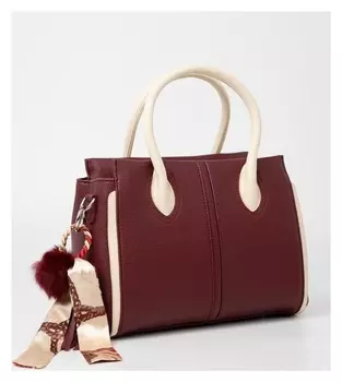 Сумка-тоут, отдел на молнии, наружный карман, длинный ремень, цвет бордовый/бежевый