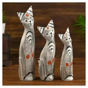 Сувенир дерево "Кошки с полосатыми ушками роспись цветы" набор 3 шт H=25, 30, 35 см