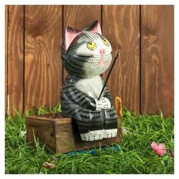 Сувенир дерево "Котёнок рыбак" серенький 9х9х20 см