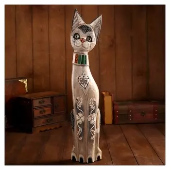 Сувенир дерево "Серая кошка в ошейнике из мозаики и с черепахой" 60х12х6 см