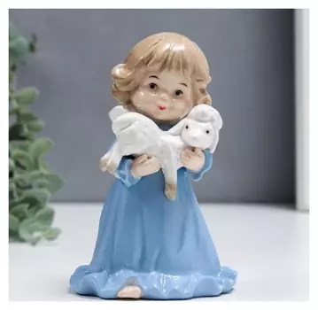Сувенир керамика "Ангелочек в голубом платье, с барашком" 15 см