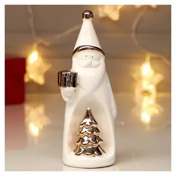 Сувенир керамика "Дед мороз с подарком и ёлкой" розовое золото 17х7х7,2 см