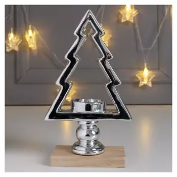 Сувенир керамика, дерево подсвечник "Ёлочка на колонне" серебро 21х5х12 см