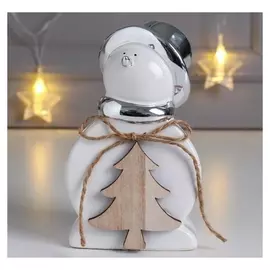 Сувенир керамика, дерево "Снеговик в цилиндре, с ёлочкой" серебро 14,7х6,5х9 см