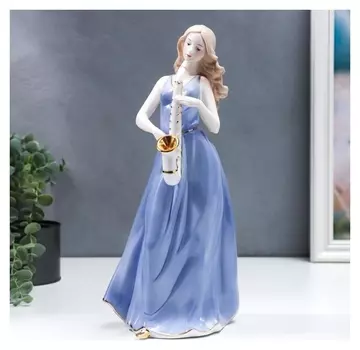 Сувенир керамика "Девушка в голубом сарафане, с саксафоном" 34 см