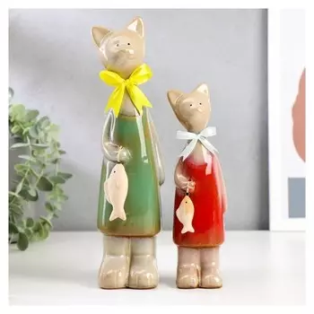 Сувенир керамика "Две кошечки с рыбкой" набор 2 шт 24,5х6х5, 19х5х4,5 см