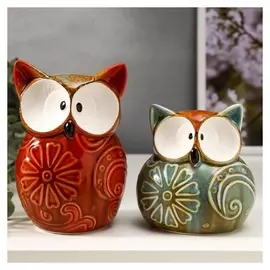 Сувенир керамика "Филины с цветочками на пузе" набор 2 шт 11,5х11х7 16,6х10,3х7 см