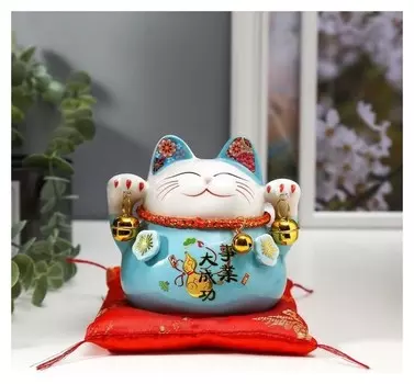 Сувенир керамика копилка "Голубой кот манэки-нэко с колокольчиками" 11,5х11,5х9,5 см