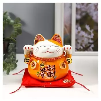 Сувенир керамика копилка "Оранжевый кот манэки-нэко с колокольчиками" 11,5х11,5х9,5 см