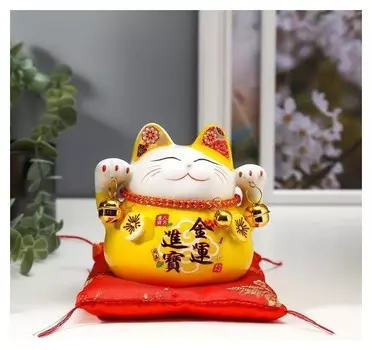 Сувенир керамика копилка "Жёлтый кот манэки-нэко с колокольчиками" 11,5х11,5х9,5 см