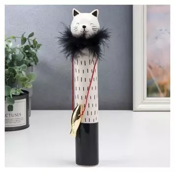 Сувенир керамика "Кошечка с рыбкой" бело-чёрный, пух 27х5х5 см