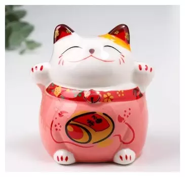 Сувенир керамика "Кот манэки-нэко" в розовом 9х9х7,5 см