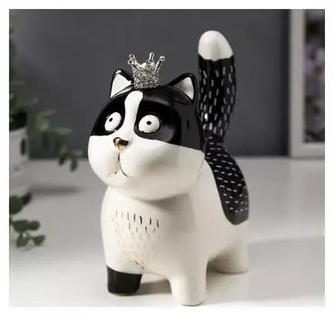 Сувенир керамика "Котик в короне" бело-чёрный с золотом 16,3х7,5х15 см
