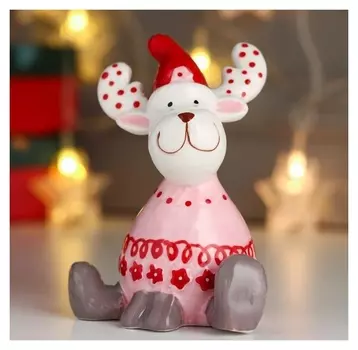 Сувенир керамика "Лосик, розовый свитер, белые рожки в горох" 12х9,5х8 см