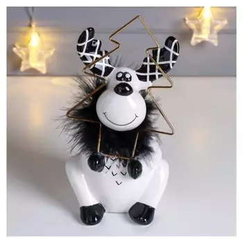 Сувенир керамика "Лосик с ёлочкой" бело-чёрный с золотом, пух 18,2х10х10,5 см