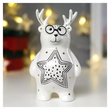 Сувенир керамика "Мишка с рожками оленя" бело-чёрный с золотом 16,3х7,9х9,2 см