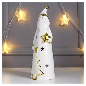 Сувенир керамика подсвечник "Дед мороз с ёлкой на шубе, с звёздочкой" золото 27х8,5х9 см 63432