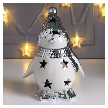 Сувенир керамика подсвечник "Пингвин в шапке и шарфике" серебро 19х11х14 см