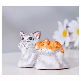 Сувенир "Кошка с котёнком", ярославская майолика, H=5 см