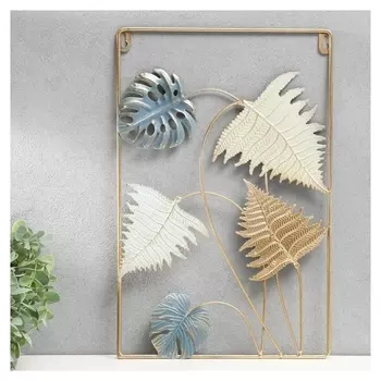 Сувенир настенный металл "Пальмовые листья" сине-голубые с золотом 40х0,5х25 см
