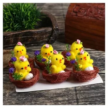 Сувенир пасхальный "Цыплёнок с розой и яичком в гнезде с цветком" набор 6 шт 3х4х4 см