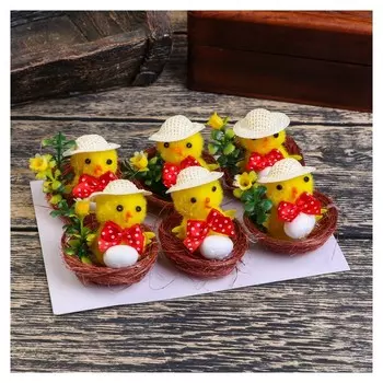 Сувенир пасхальный "Цыплёнок в шляпке в гнезде с цветком" набор 6 шт 3х4х4 см