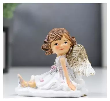 Сувенир полистоун "Ангел-девочка сидит на облачке, в платьице" бело-розовый 6,5х5,5х7 см