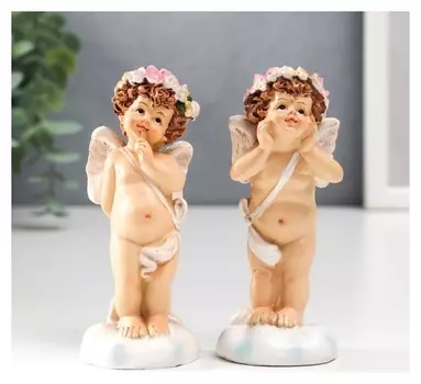 Сувенир полистоун "Ангел-карапуз цветочный венок, на облаке" 10,5х4х3,5 см