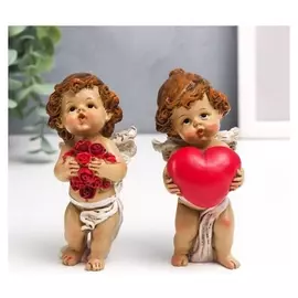Сувенир полистоун "Ангел-карапуз с букетом роз/сердцем" 11х4,5х6 см
