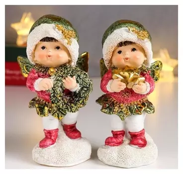 Сувенир полистоун "Ангел-малыш в зимнем наряде с венком/звездой" 13,5х7х6 см