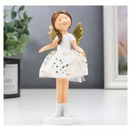Сувенир полистоун "Ангел-малышка с косой, в белой юбочке со звёздами" белый 10х3х5 см