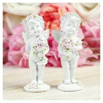 Сувенир полистоун "Ангел в розовом венке с букетом роз" 10,5х3,8х3,5 см
