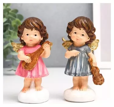 Сувенир полистоун "Ангелочек мила в розовом/голубом платье - музыкант" 11,7х6х4 см