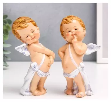 Сувенир полистоун "Ангелок-карапуз в голубой повязке, стесняшка" 14х7,7х5 см