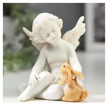 Сувенир полистоун "Белоснежный ангел с цветным кроликом" 6,8х6,5х6 см