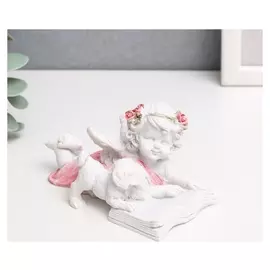 Сувенир полистоун "Белоснежный ангел в розовом венке, читает с щенком" 5,7х11х5,7 см