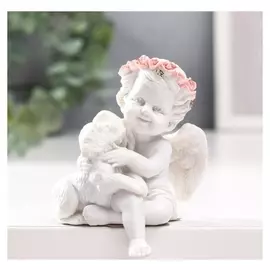 Сувенир полистоун "Белоснежный ангел в розовом венке, с щенком" 8х6,5х5 см
