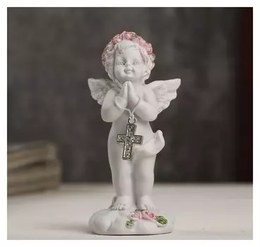 Сувенир полистоун "Белоснежный ангел в розовом веночке с крестиком" 8х3,5х3,8 см