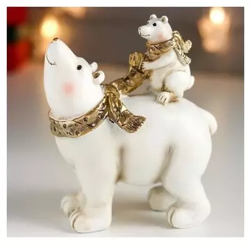 Сувенир полистоун "Белый медведь с медвежонком, в золотых шарфах" 15,5х7,5х13 см