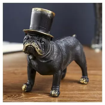 Сувенир полистоун "Бульдог в цилиндре" чёрный с золотой патиной 13,5х14,5х6,5 см