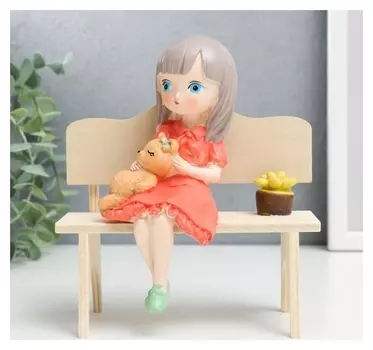 Сувенир полистоун "Девочка с мягким мишкой на скамеечке" 14,5х8х13 см